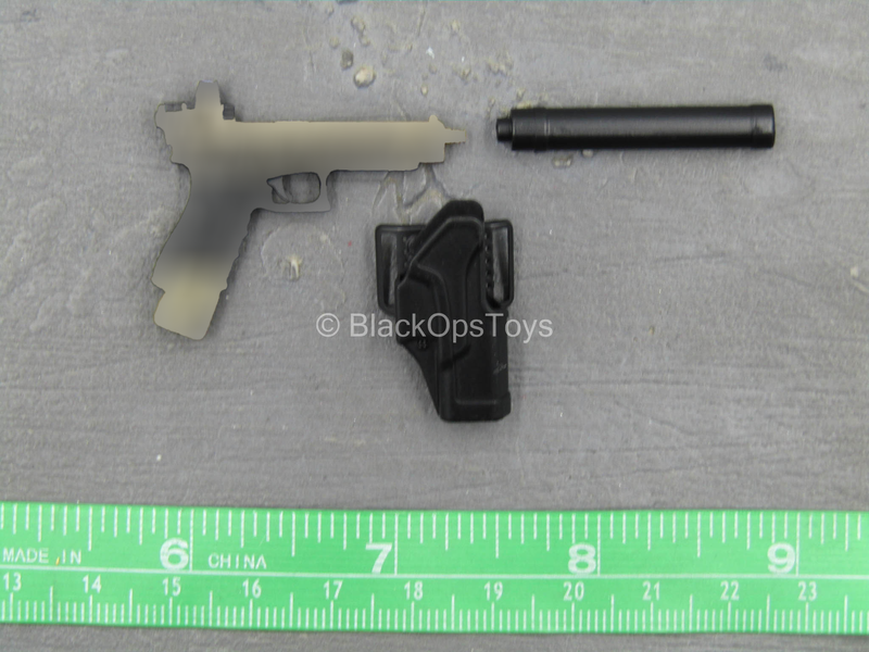 Load image into Gallery viewer, Doom&#39;s Day Kit - Black &amp; Gold Like Pistol w/Holster &amp; Suppressor
