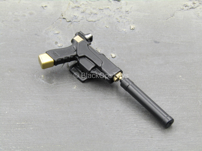 Load image into Gallery viewer, Doom&#39;s Day Kit - Black &amp; Gold Like 9mm Pistol w/Holster &amp; Suppressor
