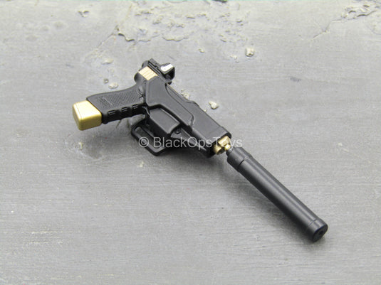 Doom's Day Kit - Black & Gold Like 9mm Pistol w/Holster & Suppressor