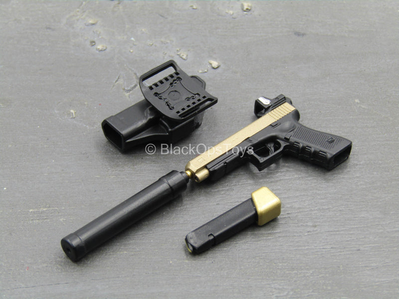 Load image into Gallery viewer, Doom&#39;s Day Kit - Black &amp; Gold Like 9mm Pistol w/Holster &amp; Suppressor
