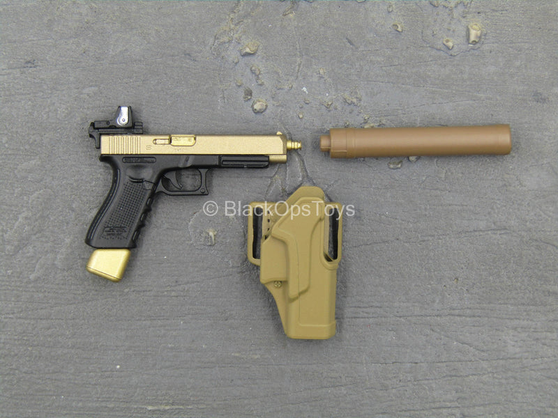 Load image into Gallery viewer, Doom&#39;s Day Kit - Gold Like 9mm Pistol w/Holster &amp; Suppressor
