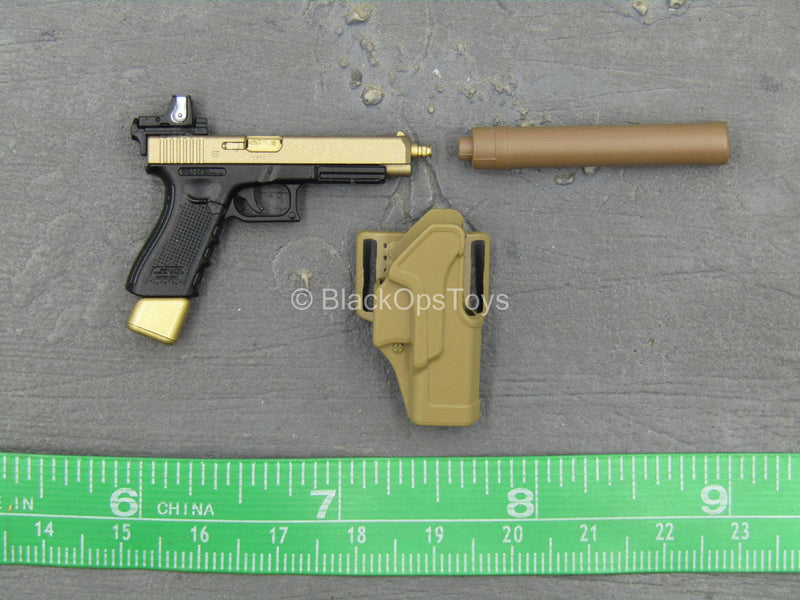Load image into Gallery viewer, Doom&#39;s Day Kit - Gold Like 9mm Pistol w/Holster &amp; Suppressor
