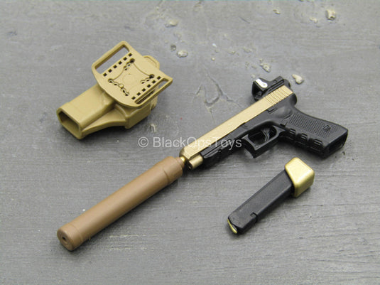 Doom's Day Kit - Gold Like 9mm Pistol w/Holster & Suppressor