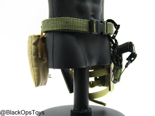 Black Pistol w/Drop Leg Holster, Belt, Pouch, Knife, & Sheath