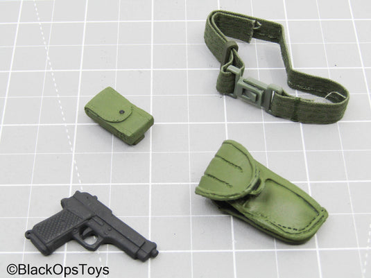 Black Pistol w/Green Belt, Holster, & Clip Pouch