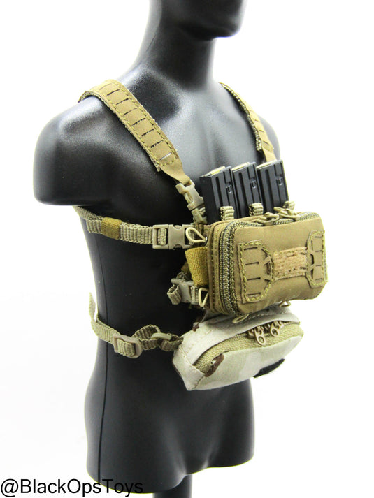Coyote Tan Chest Rig w/Woodland Camo Pouch & Magazine Set (x3)