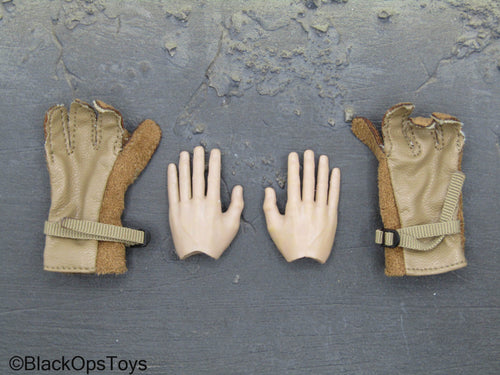 Male Bendy Hands w/Brown Leather Like Rappelling Gloves