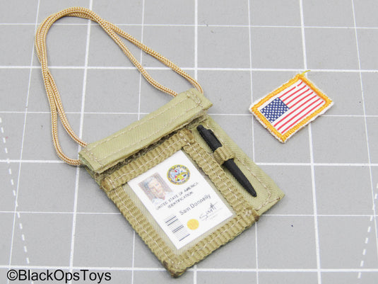 Tan ID Neck Badge w/Black Pen & US Flag Patch