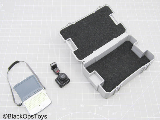 Grey Camera Case w/DSLR Camera, Speedlight, & Laptop
