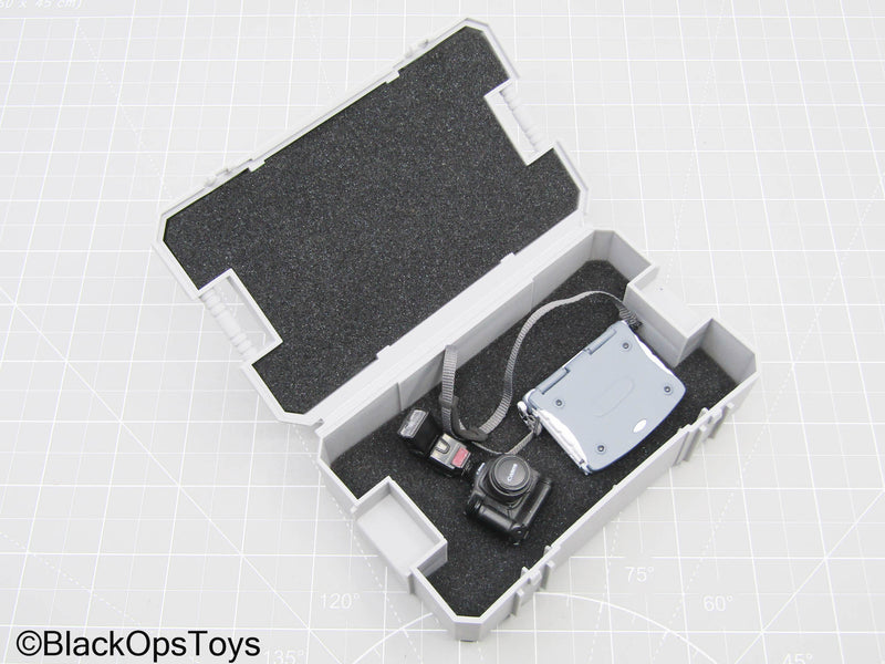 Load image into Gallery viewer, Grey Camera Case w/DSLR Camera, Speedlight, &amp; Laptop
