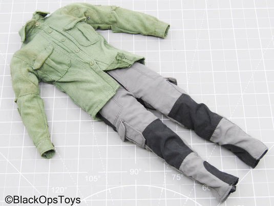 Green Button Up Shirt w/Grey Tactical Pants & Black Belt