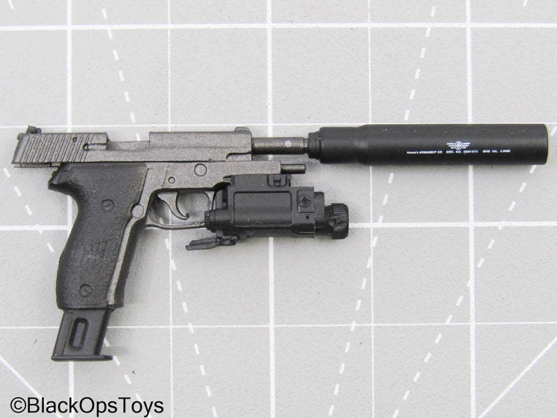 Load image into Gallery viewer, Grey Sig Sauer Pistol w/Suppressor &amp; Tac Light
