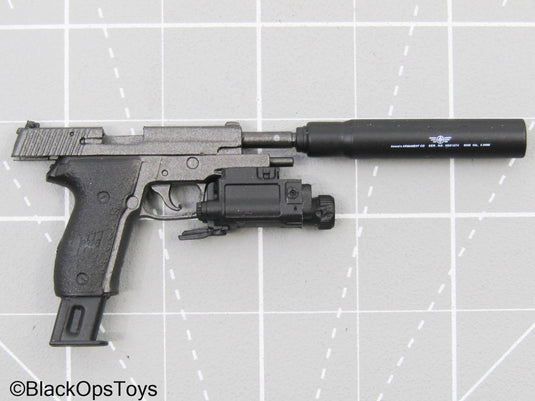 Grey Sig Sauer Pistol w/Suppressor & Tac Light