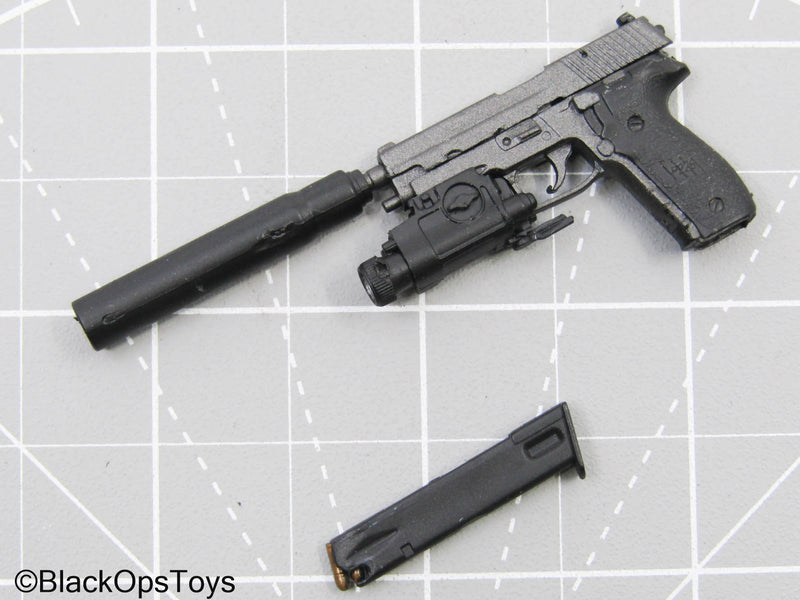 Load image into Gallery viewer, Grey Sig Sauer Pistol w/Suppressor &amp; Tac Light

