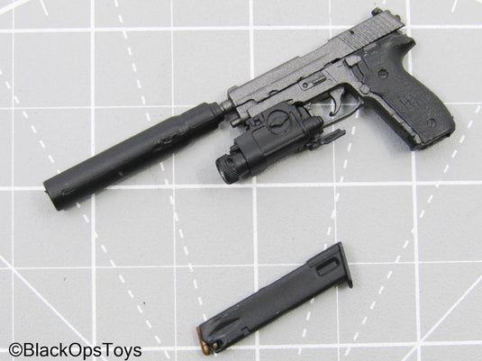 Grey Sig Sauer Pistol w/Suppressor & Tac Light