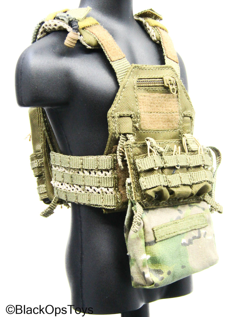 Load image into Gallery viewer, Olive Green MOLLE Plate Carrier Vest w/Multicam Camo Pouch Set
