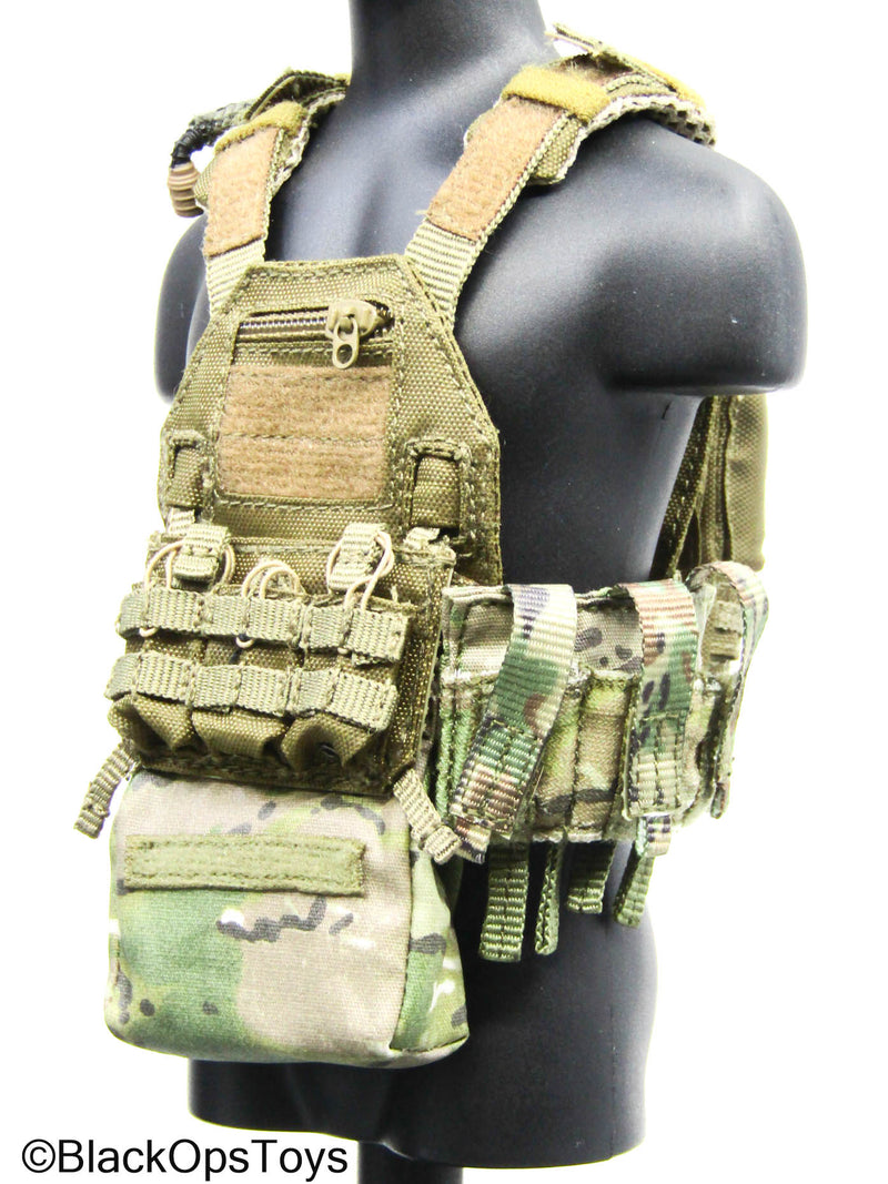 Load image into Gallery viewer, Olive Green MOLLE Plate Carrier Vest w/Multicam Camo Pouch Set
