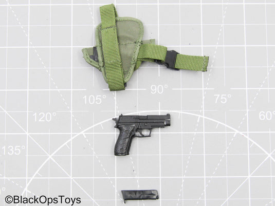 Black Pistol w/OD Green Drop Leg Holster