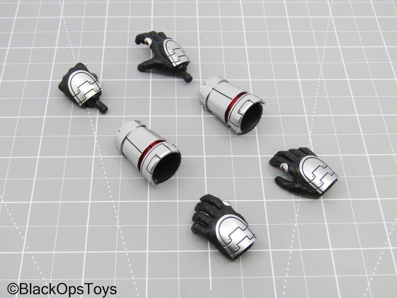 Load image into Gallery viewer, Silver Arm Gauntlets w/Black Gloved Hand Set in Ant-Man Likeness
