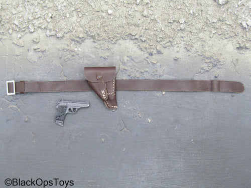 WWII German - Metal Pistol w/Brown Leather Like Belt w/Holster