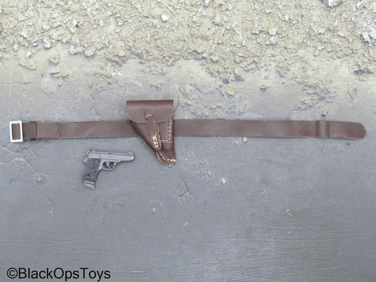 WWII German - Metal Pistol w/Brown Leather Like Belt w/Holster