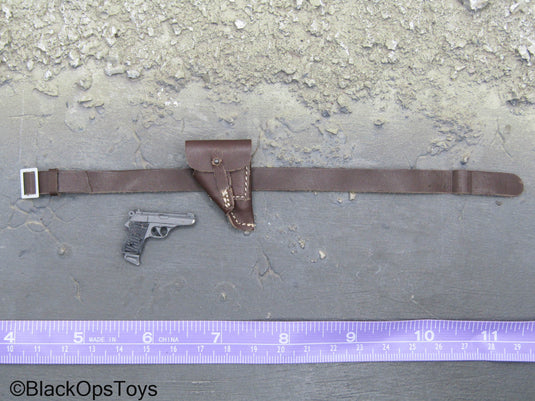 WWII German - Metal Pistol w/Brown Leather Like Belt w/Holster