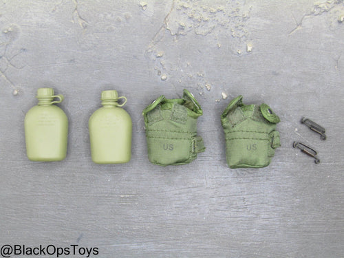 Vietnam Era OD Green Canteen w/Pouch & Alice Clip Set (x2)