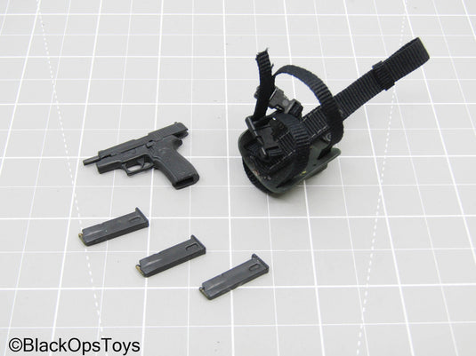 Bam 1/6 Black Pistol w/Woodland Camo Drop Leg Holster & Mag Set