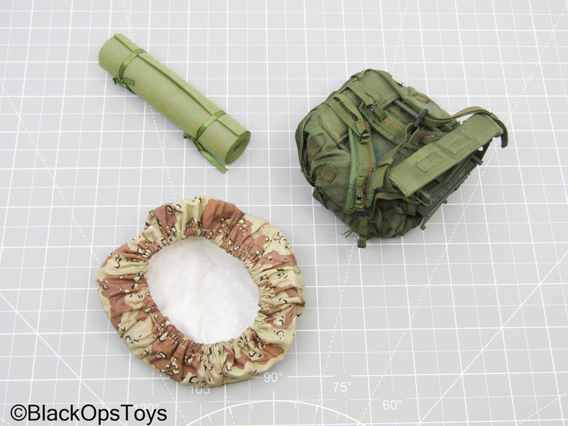 Load image into Gallery viewer, Kuwait 1991 - USMC - OD Green Alice Backpack w/Sleeping Pad &amp; Desert Camo Backpack Cover
