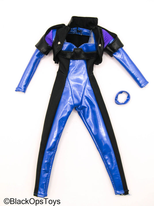 Blue Female Leather Like Body Suit