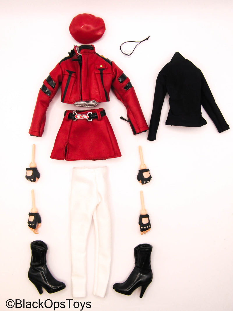 Load image into Gallery viewer, Female Red Leather Like Uniform Set w/Boots &amp; Hands
