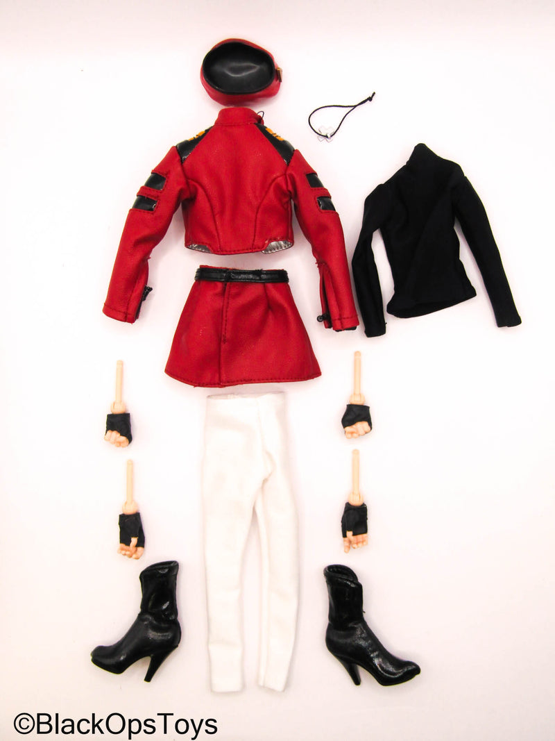 Load image into Gallery viewer, Female Red Leather Like Uniform Set w/Boots &amp; Hands
