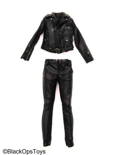Female Black Leather Like Biker Uniform Set