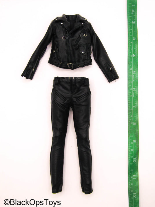 Female Black Leather Like Biker Uniform Set