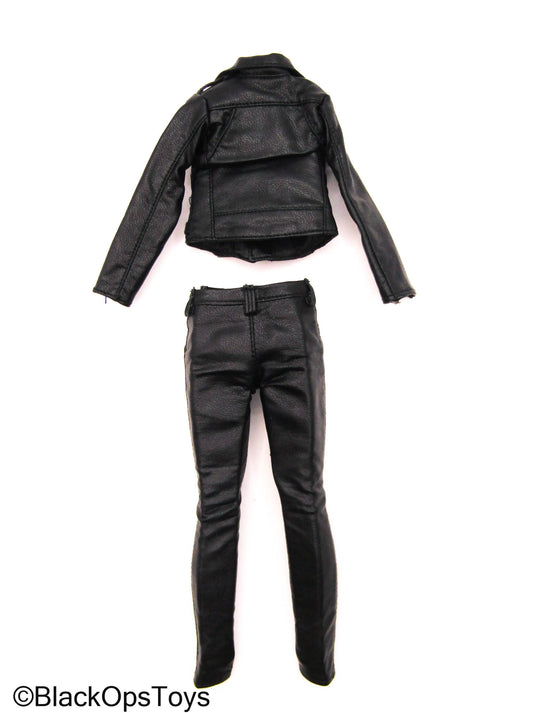 Female Black Leather Like Biker Uniform Set