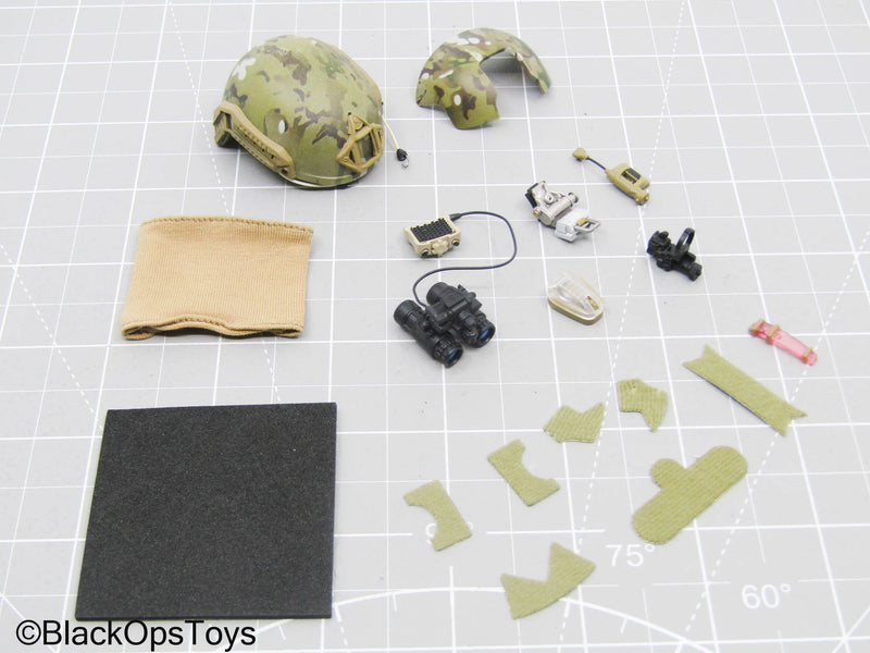 Load image into Gallery viewer, Multicam Camo Helmet w/NVG, Attachments, &amp; Tan Neck Gaiter

