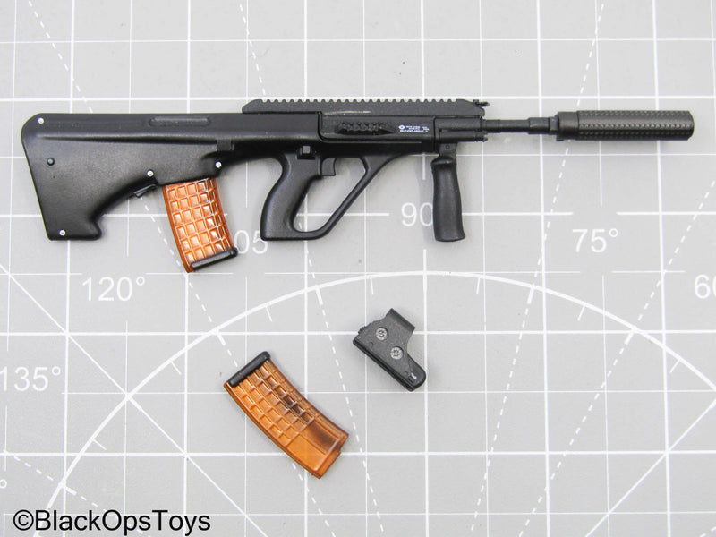 Load image into Gallery viewer, Black Steyr AUG w/Suppressor, Holo Sight, &amp; Transparent Mags
