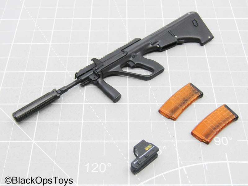 Load image into Gallery viewer, Black Steyr AUG w/Suppressor, Holo Sight, &amp; Transparent Mags

