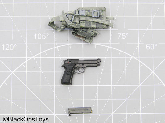 Black Pistol w/Grey Drop Leg Holster, Mag Pouch, & Magazine