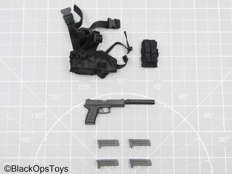 Load image into Gallery viewer, Black Pistol w/Suppressor, Drop Leg Holster, Mag Set, &amp; Mag Pouch
