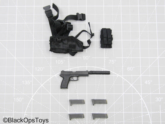 Black Pistol w/Suppressor, Drop Leg Holster, Mag Set, & Mag Pouch
