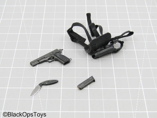 Black Browning Hi-Power Pistol w/Drop Leg Holster & Field Knife