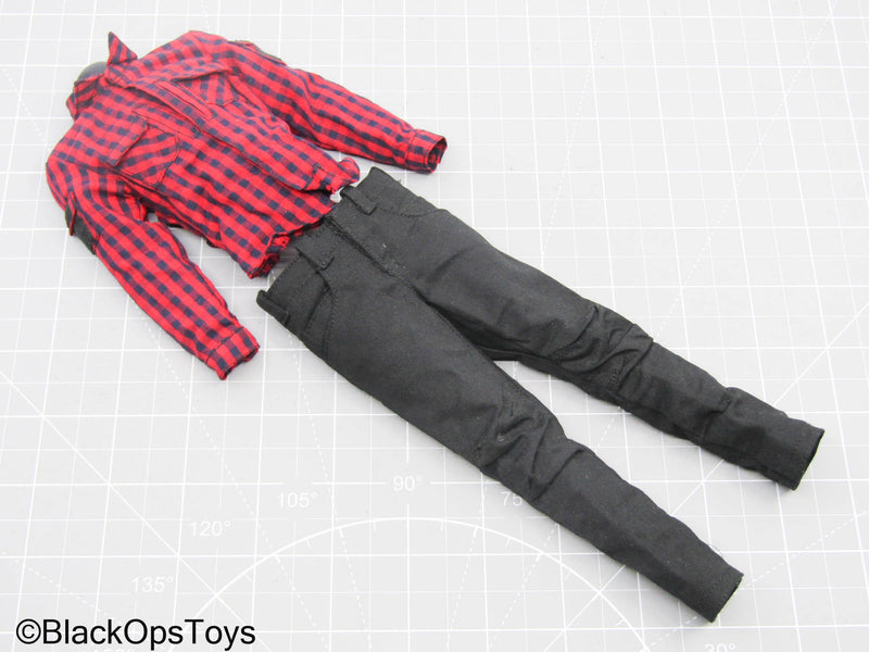Load image into Gallery viewer, Red Plaid Long Sleeve Button Up Shirt w/Black Pants
