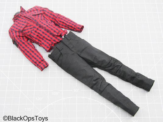 Red Plaid Long Sleeve Button Up Shirt w/Black Pants