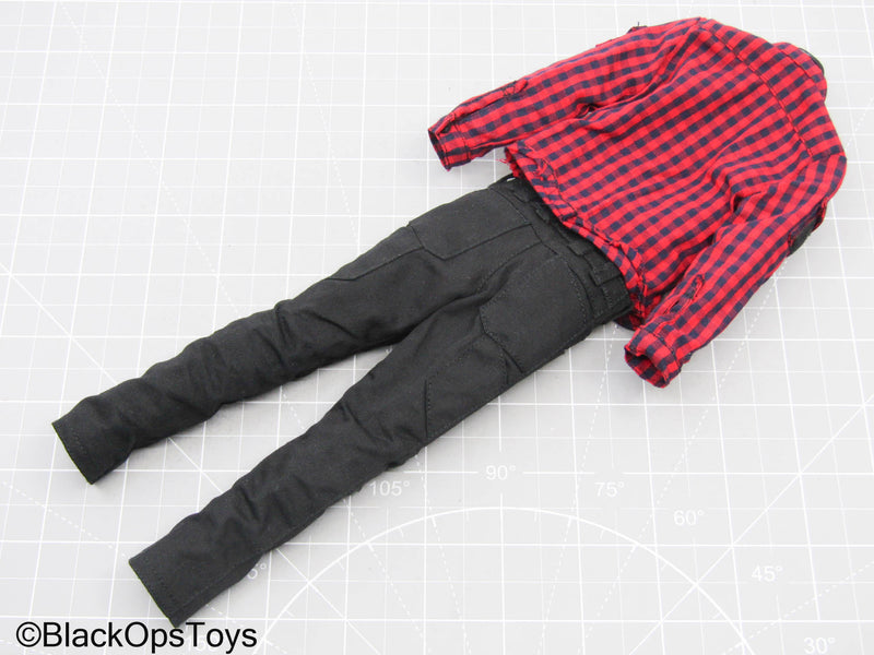Load image into Gallery viewer, Red Plaid Long Sleeve Button Up Shirt w/Black Pants
