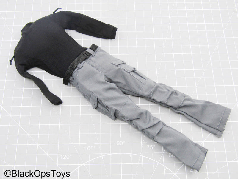 Load image into Gallery viewer, Black Long Sleeve Shirt w/Belt &amp; Grey Pants
