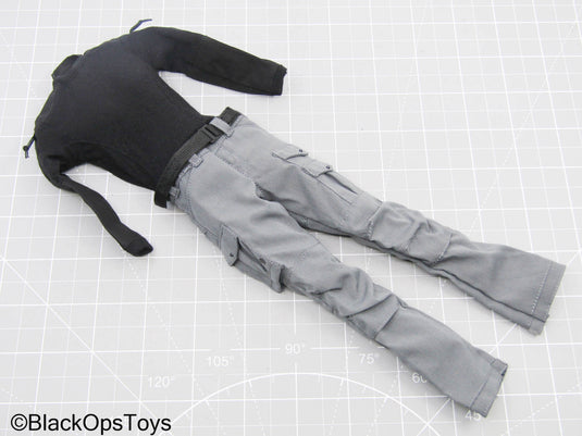 Black Long Sleeve Shirt w/Belt & Grey Pants