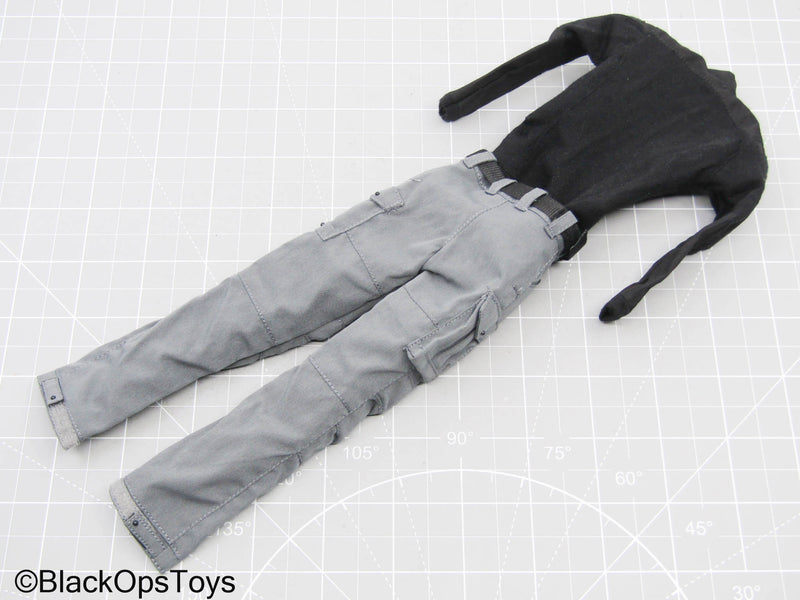 Load image into Gallery viewer, Black Long Sleeve Shirt w/Belt &amp; Grey Pants
