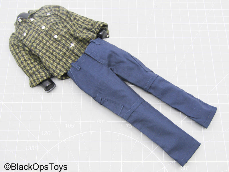 Load image into Gallery viewer, Yellow Plaid Long Sleeve Button Up Shirt w/Blue Pants
