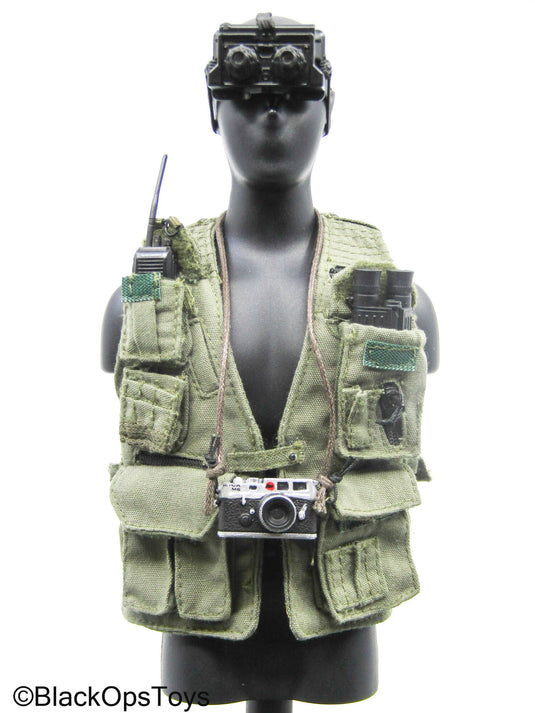 OD Green Tac Vest w/Black NVG, Radio, Camera, & Binoculars